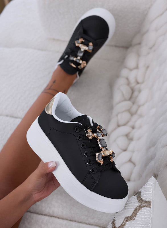 SORAYA - Black sneakers with jewel application and gold back