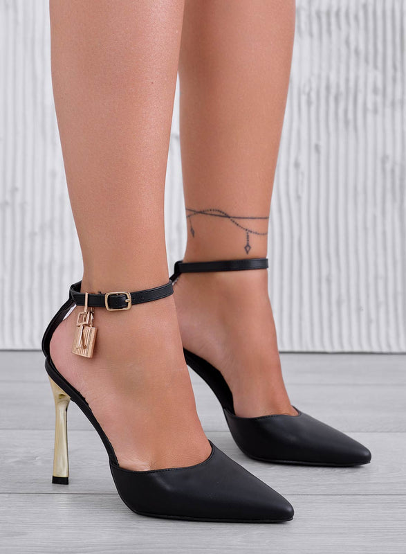 SPENCER - Black pumps with strap and gold heel