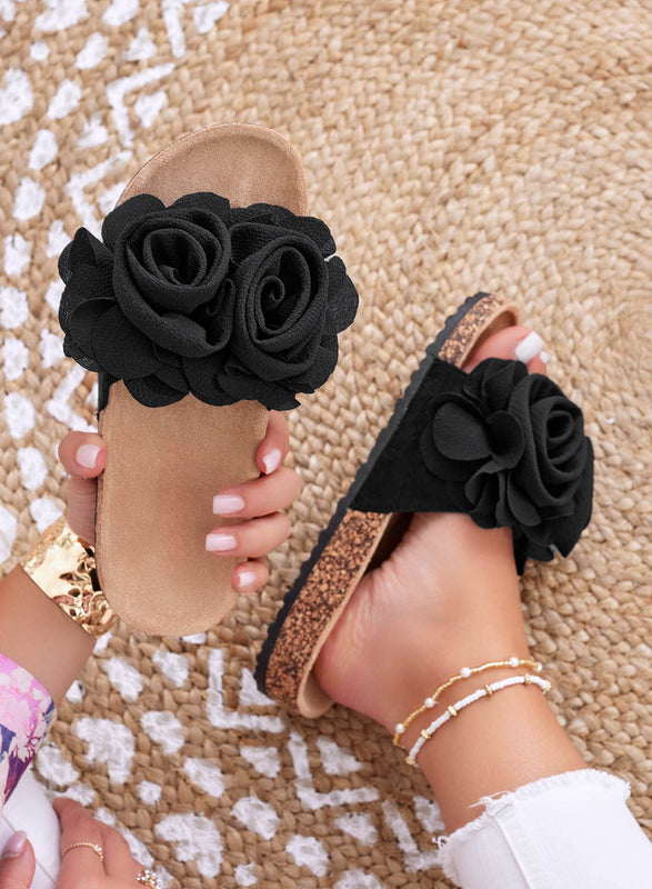 SUMMER - Black slide sandals with applied flowers