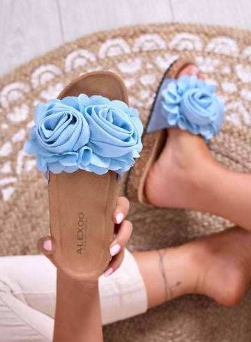 SUMMER - Sandali azzurri a ciabatta con fiori applicati