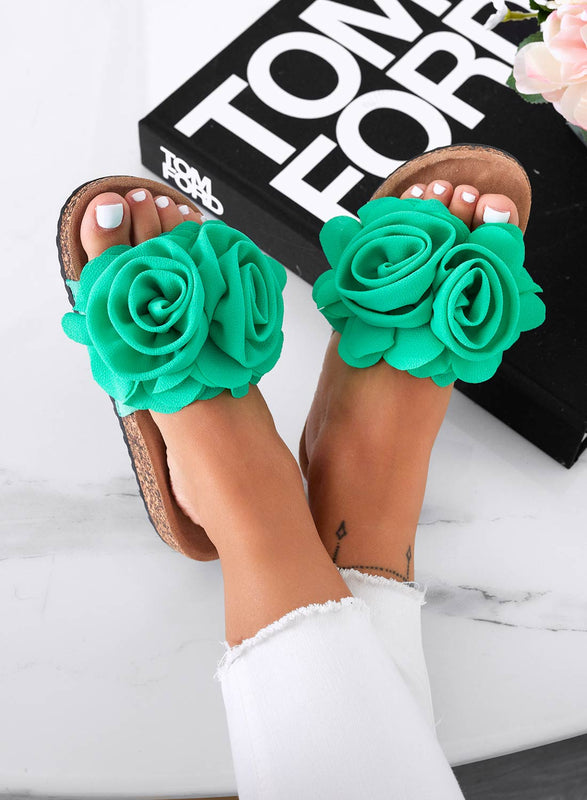 SUMMER - Green slipper sandals with applied flowers