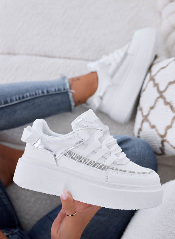 SUSAN - White sneakers with silver rhinestone band