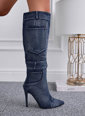 Bottes en jean bleu à talons hauts