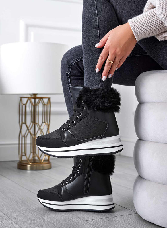 SVEVA - Black sneakers with faux fur trim and interior