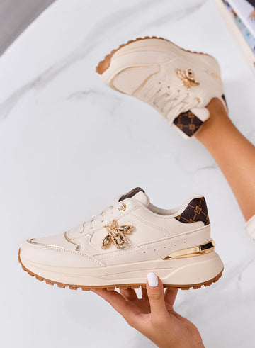 TALIMA - Beige sneakers with jeweled bee and gold details