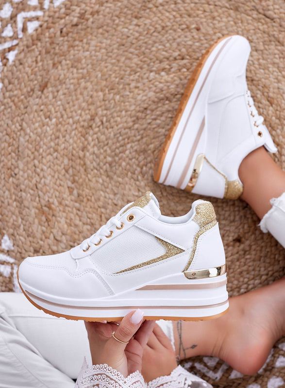 THEA - White sneakers with wedge and gold trim