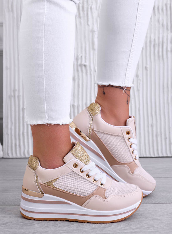 THEA - Beige sneakers with wedge and gold trim