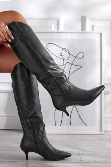 Black faux leather boots with stiletto heel