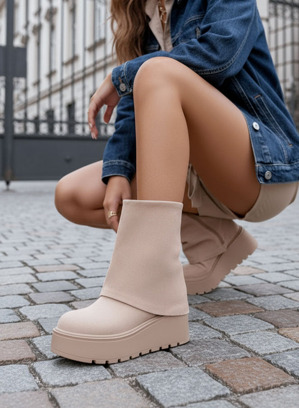 TIBERIA - Beige suede ankle boots with cuff and wedge heel
