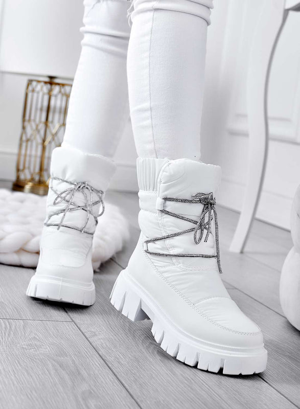 TINA - White padded ankle boots with rhinestone laces