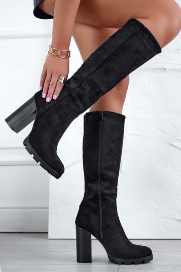 Black suede boots with high heels