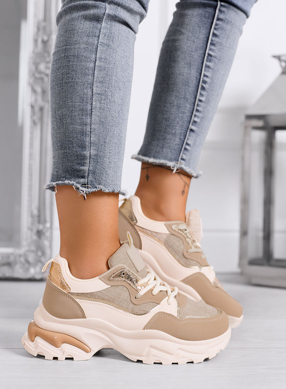 TRILLY - Sneakers chunky beige con dettagli oro e maxi suola