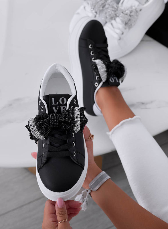 TULLIA - Black sneakers with jewel bow and silver back