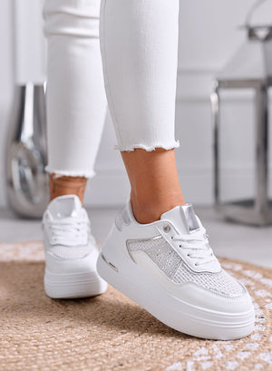 TULLIA - White Platform Sneakers with Mesh and Rhinestones