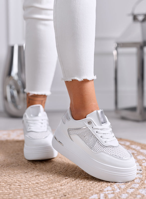 TULLIA - Sneakers Bianche Platform con Rete e Strass