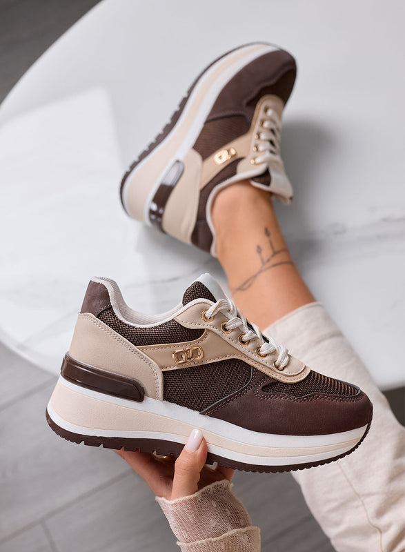 TULLIA - Brown Sneakers with Beige Inserts and Comfortable Wedge