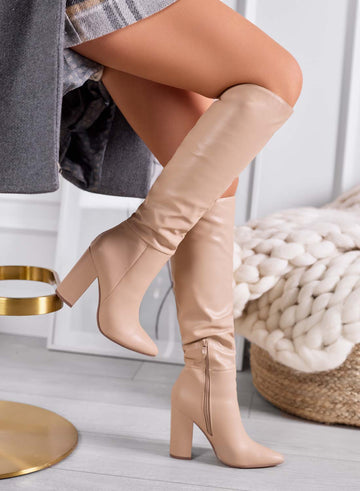 TULUM - Beige faux leather boots with block heel