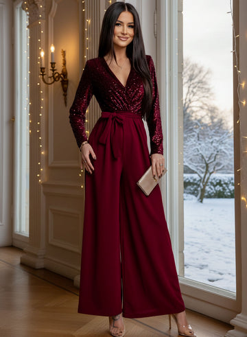 Burgundy jumpsuit with sequin top