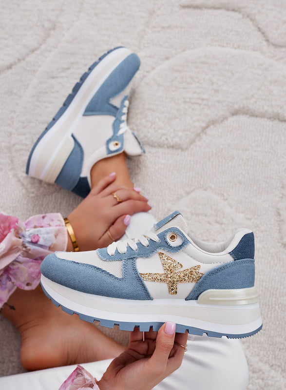 TYLER - Blue denim sneakers with gold glitter inserts