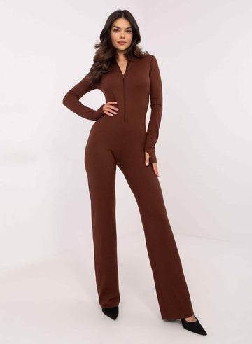 Brown ribbed jumpsuit with zip