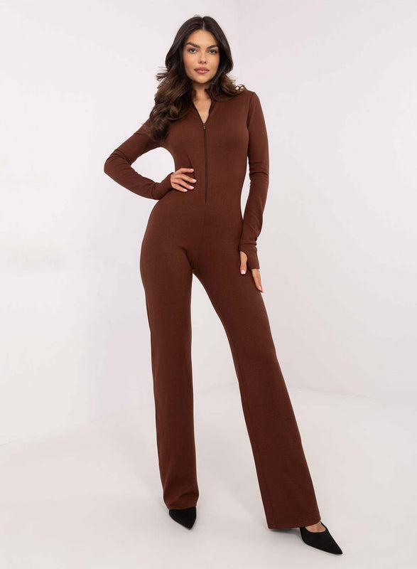 Brown ribbed jumpsuit with zip