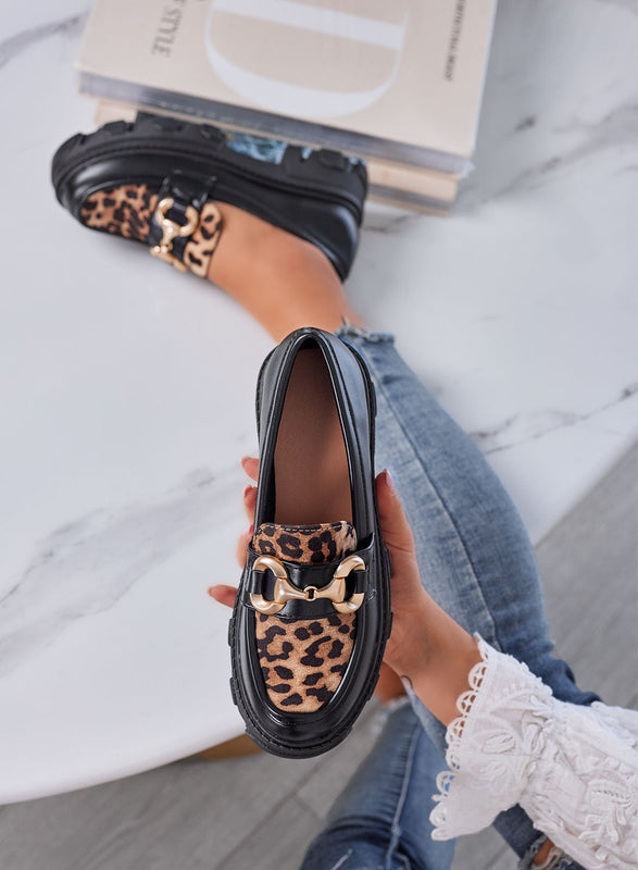 URSULA - Black women's moccasins with a tread sole, leopard insert, and gold buckle