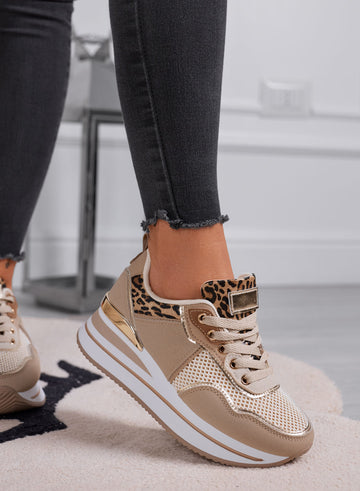 VALDA - Baskets taupe avec semelle épaisse et empiècements léopard et dorés
