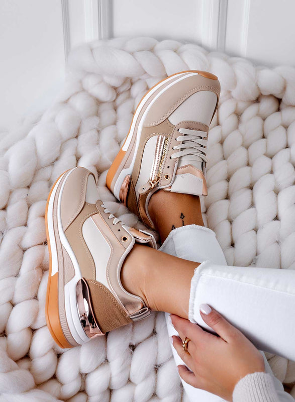 VALENTINA - Beige sneakers with rose gold inserts