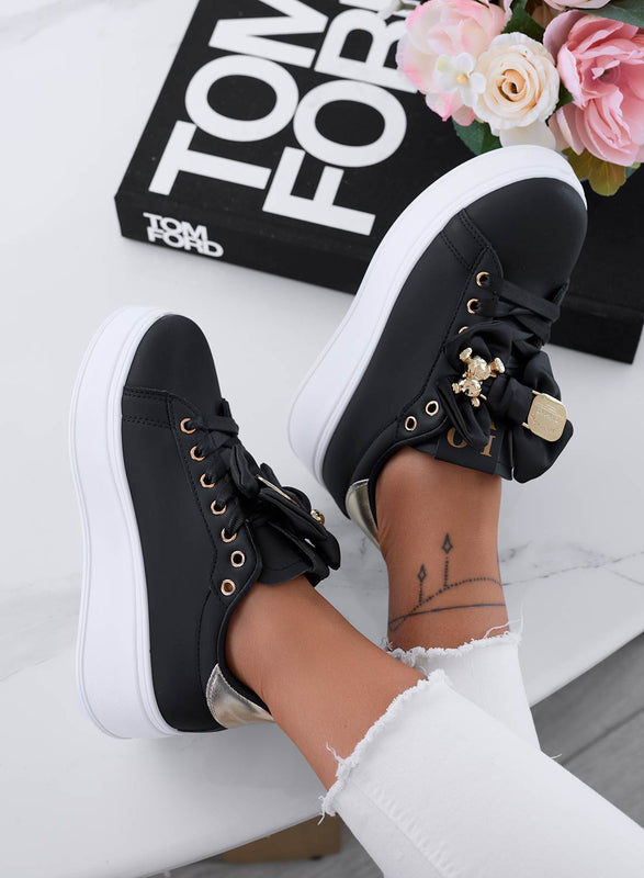 VANESSA - Black sneakers with bow and gold teddy