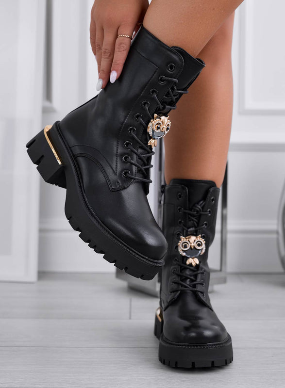 VANIA - Black ankle boots with gold owl applique