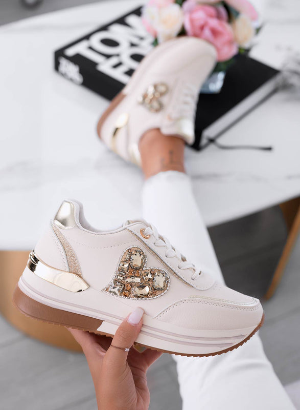 VENUS - Beige sneakers with gold jewel heart