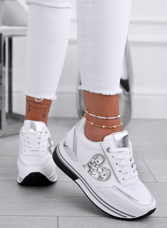 VENUS - White sneakers with silver jewel heart