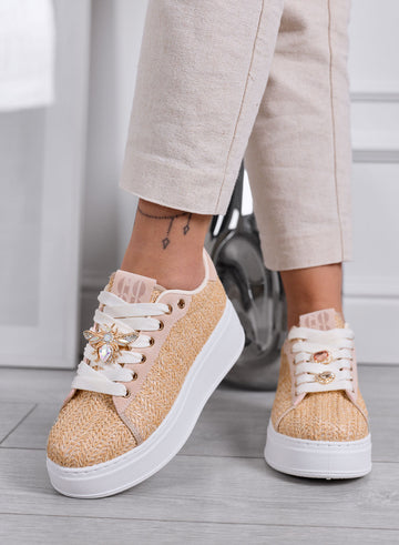 VENERE - Beige woven sneakers with jeweled bee appliqué