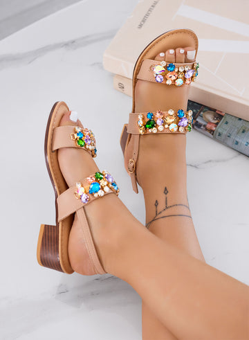 VITTORIA - Beige jeweled sandals with low heel and multicolor rhinestones