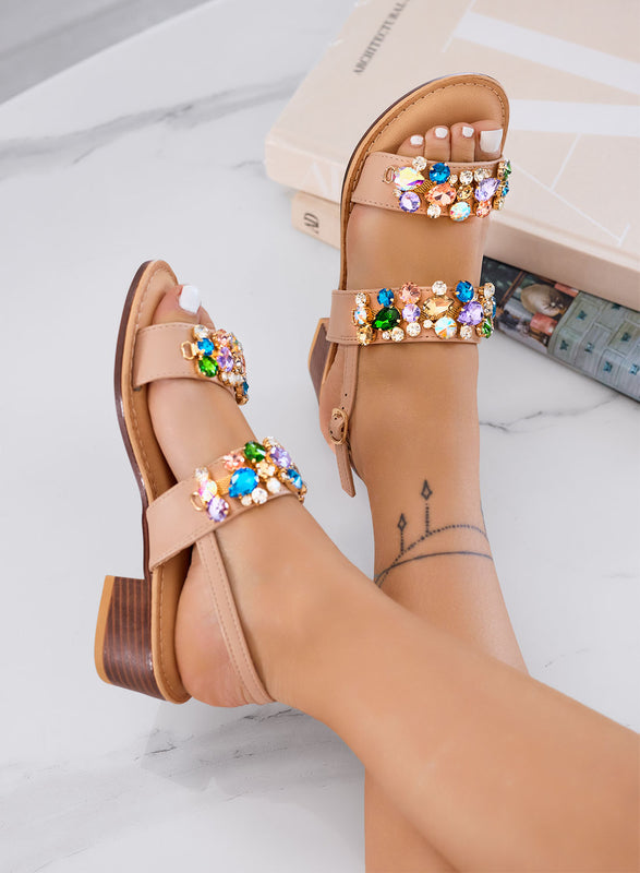 VITTORIA - Beige jeweled sandals with low heel and multicolor rhinestones
