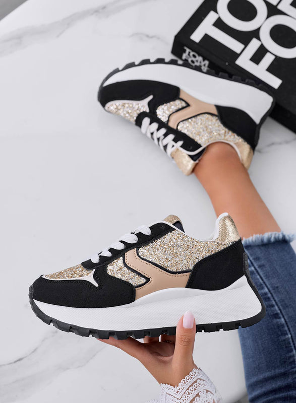 VIVIANA - Baskets noires avec empiècements pailletés or