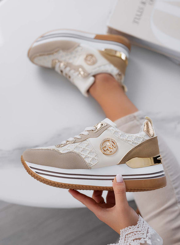 WALKER - Women's taupe sneakers with gold details and mesh pattern