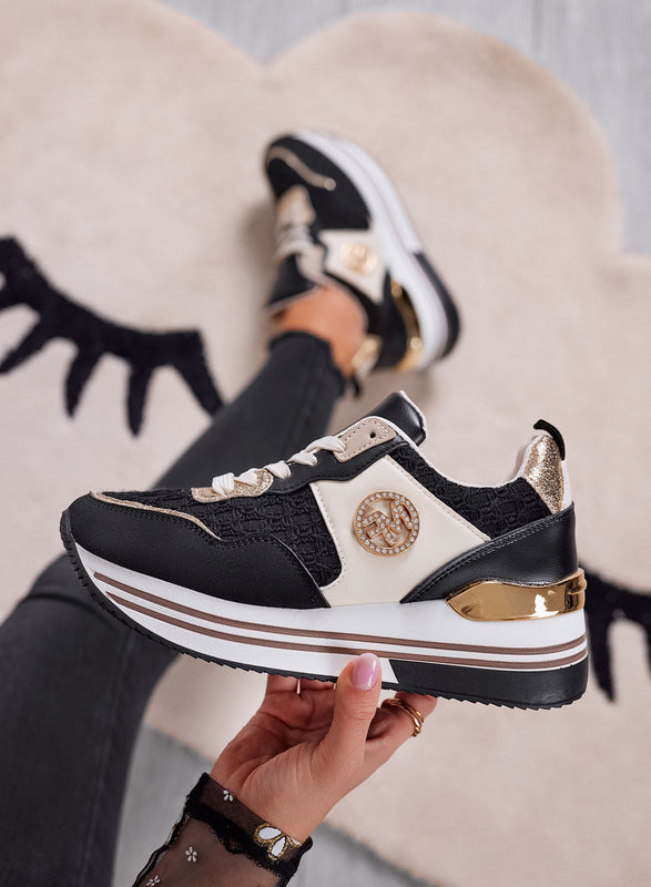 WALKER - Black women's sneakers with golden details and thick sole