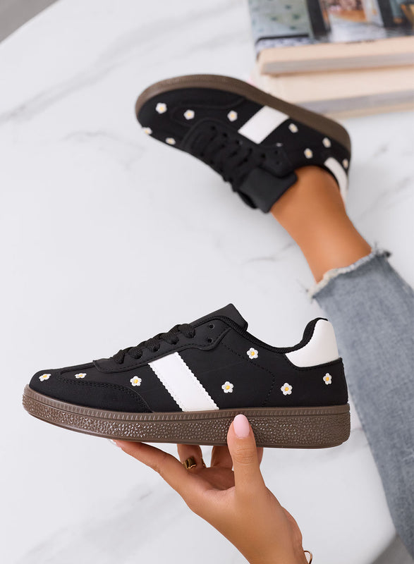 WESTON - Black sneakers with embroidered daisies and brown sole