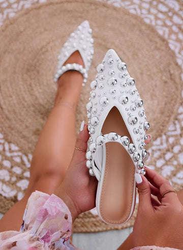 WILDA - White pointed-toe mule ballerinas with sphere studs