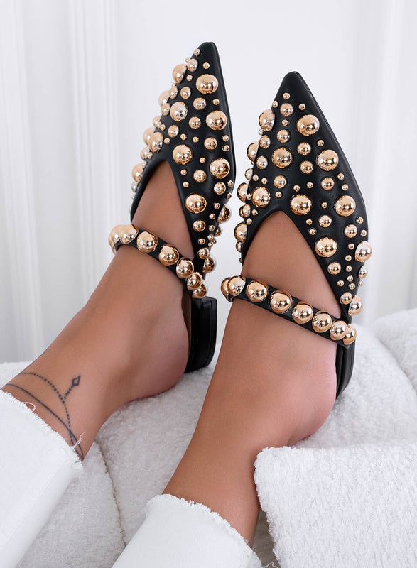 WILDA - Pointed black mule ballet flats with ball studs