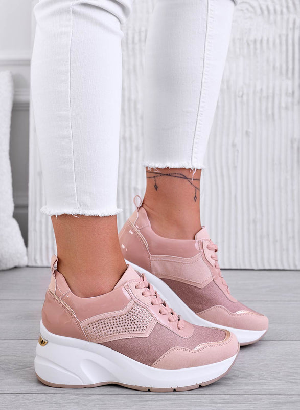 XENIA - Pink sneakers with wedge and rhinestones