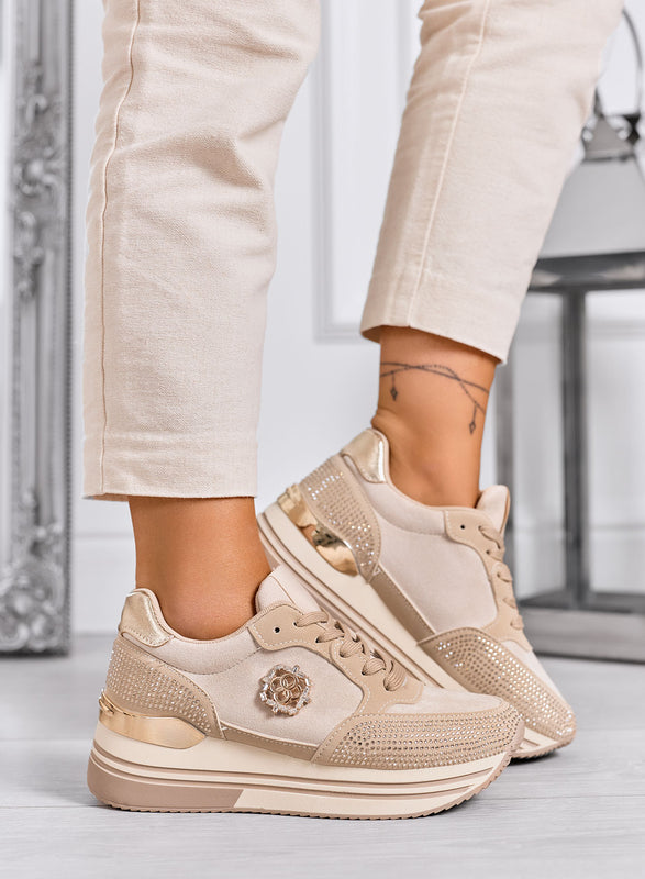 XIOMARA - Beige platform sneakers with gold inserts and rhinestones