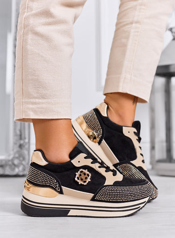XIOMARA - Black platform sneakers with gold inserts and rhinestones