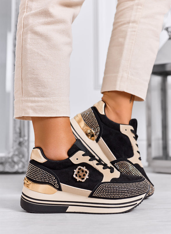 XIOMARA - Sneakers nere platform con inserti oro e strass