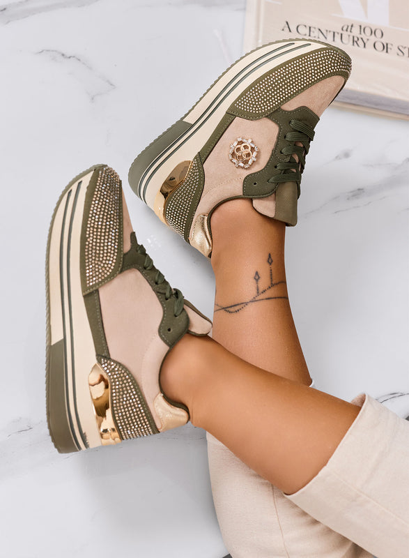 XIOMARA - Sneakers verdi platform con inserti oro e strass