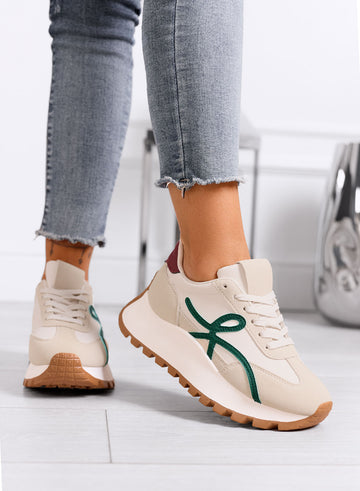 YONA - Beige sneakers with green details and thick sole
