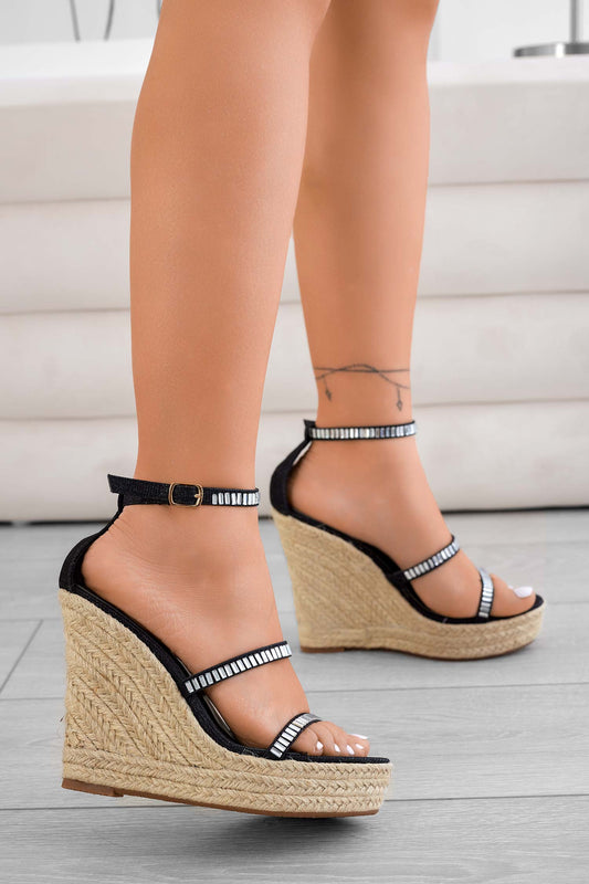 YVETTE - Black espadrille sandals with rhinestones