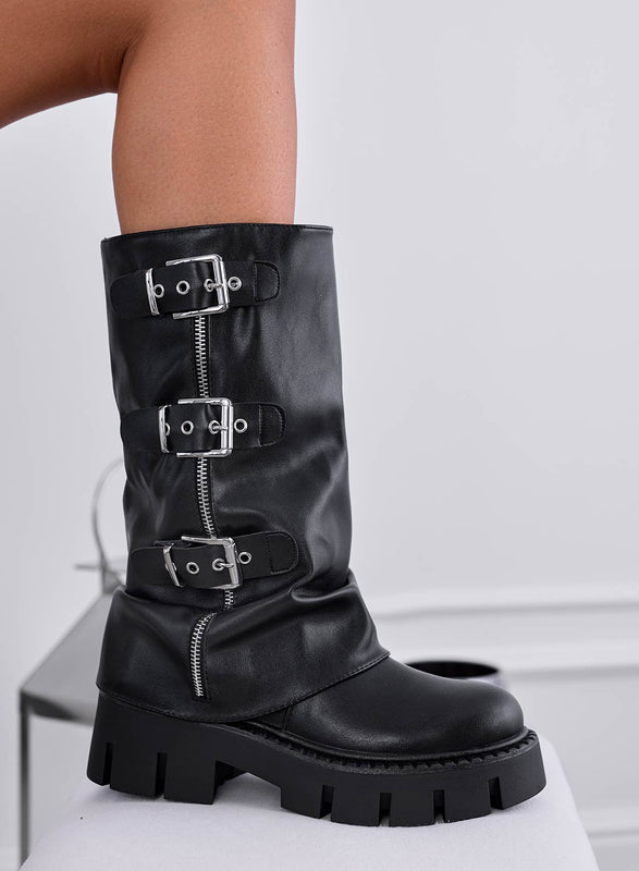 YVONNE - Black biker ankle boots with buckles and side zip