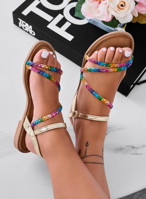 ZALA - Gold low sandals with multicolor jewel bands